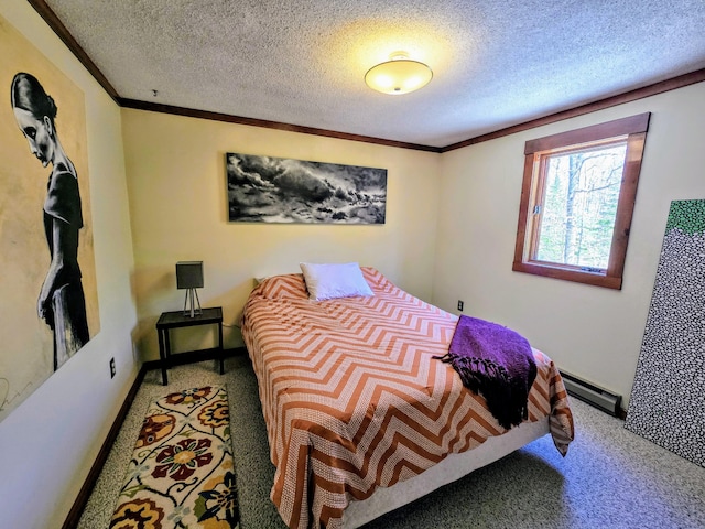 carpeted bedroom featuring baseboards, a baseboard radiator, ornamental molding, and a textured ceiling