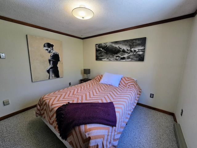 carpeted bedroom with crown molding, baseboards, a baseboard heating unit, and a textured ceiling