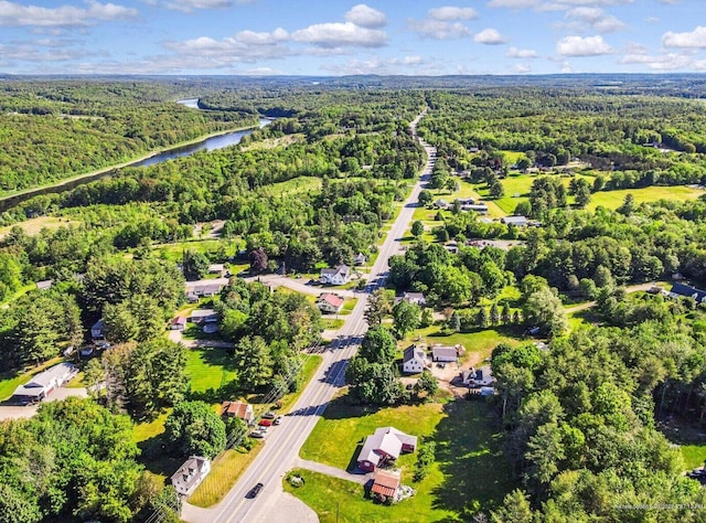 drone / aerial view with a wooded view and a water view