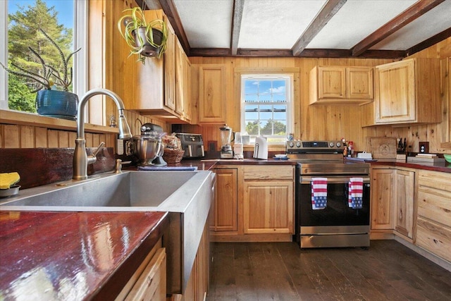 817 Riverside Dr, Augusta, ME 04330 - kitchen featuring stainless steel electric range, beamed ceiling, wooden walls, dark wood-style flooring, and dark countertops