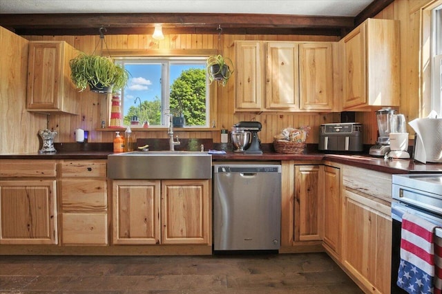 817 Riverside Dr, Augusta, ME 04330 - kitchen featuring appliances with stainless steel finishes, dark countertops, light brown cabinets, and wood walls