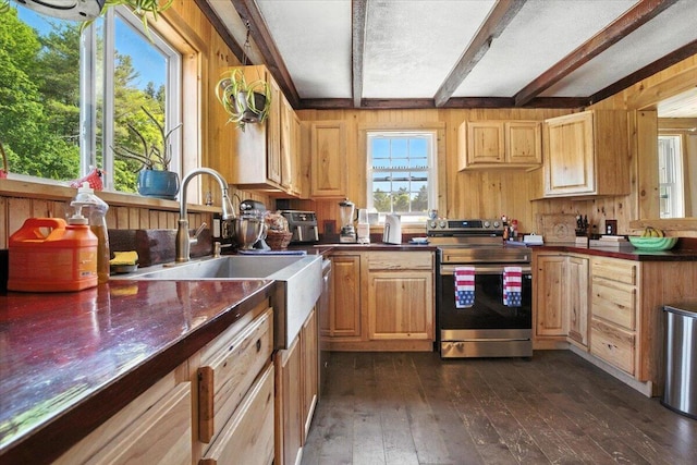 817 Riverside Dr, Augusta, ME 04330 - kitchen featuring electric range, beamed ceiling, wood walls, dark countertops, and dark wood-style floors