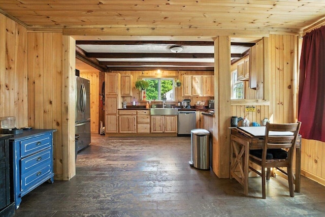 817 Riverside Dr, Augusta, ME 04330 - kitchen featuring appliances with stainless steel finishes, wooden walls, dark countertops, dark wood-style floors, and a wood ceiling with exposed beams