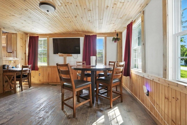 817 Riverside Dr, Augusta, ME 04330 - dining area with wooden walls, plenty of natural light, wood-type flooring, a wainscoted wall, and wooden ceiling