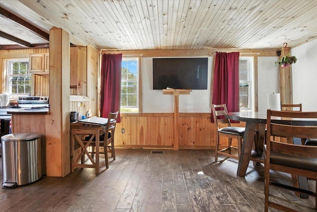 817 Riverside Dr, Augusta, ME 04330 - dining area featuring dark wood finished floors, wooden walls, plenty of natural light, a wainscoted wall, and wood ceiling