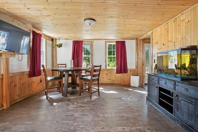 817 Riverside Dr, Augusta, ME 04330 - dining space with wood walls, wooden ceiling, wainscoting, and wood-type flooring