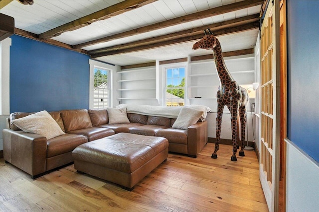 817 Riverside Dr, Augusta, ME 04330 - living room featuring a wooden ceiling with exposed beams, light wood finished floors, and built in features
