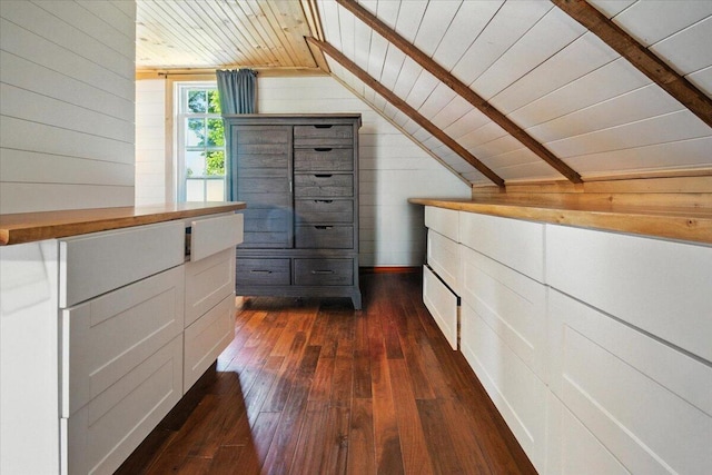 817 Riverside Dr, Augusta, ME 04330 - unfurnished bedroom featuring wood ceiling, wooden walls, lofted ceiling, and dark wood finished floors