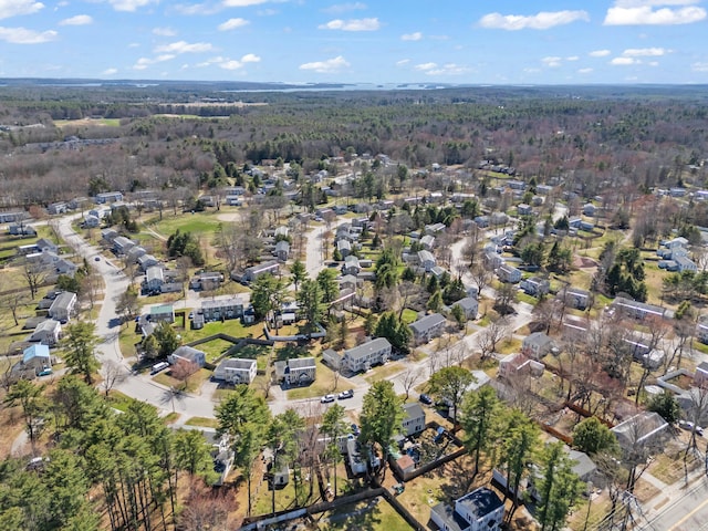 birds eye view of property featuring a residential view and a wooded view