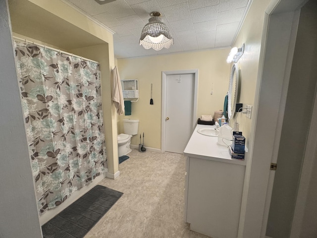 bathroom featuring toilet, a shower with curtain, and vanity