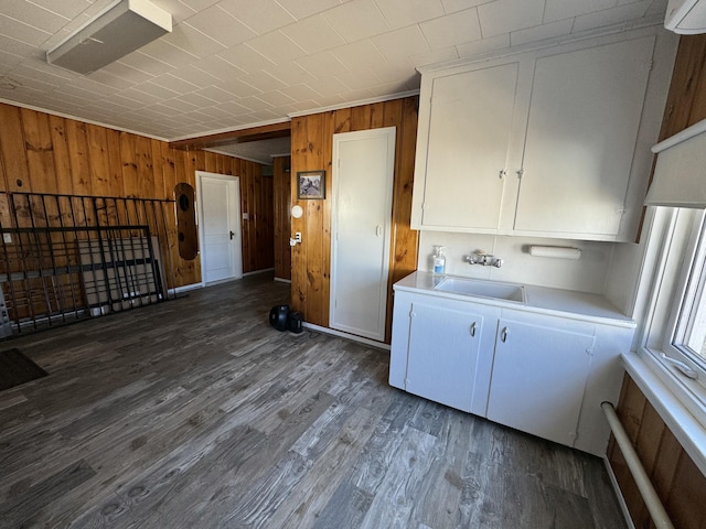 clothes washing area featuring wooden walls, wood finished floors, and a sink