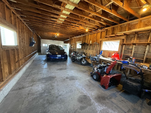 garage featuring wood walls