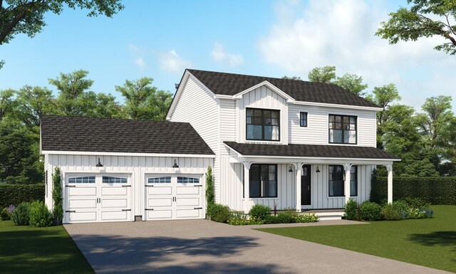 LOT87-1-2 Drown Rd, Alfred, ME 04002 - modern inspired farmhouse featuring a garage, covered porch, roof with shingles, board and batten siding, and driveway
