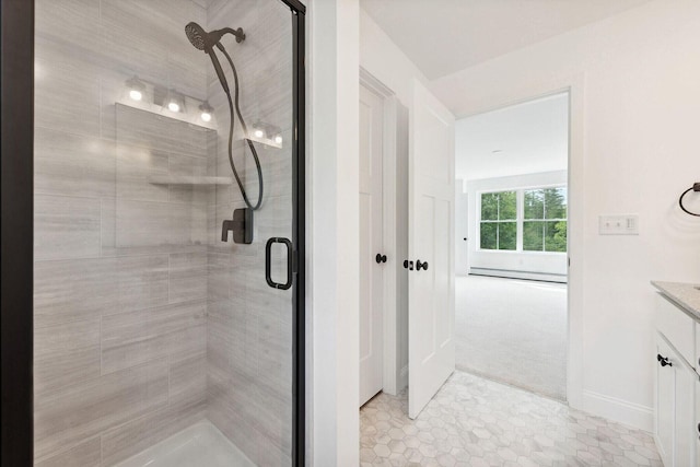 LOT87-1-2 Drown Rd, Alfred, ME 04002 - bathroom with vanity, baseboards, a shower stall, and tile patterned floors