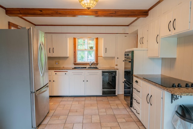 228 Atlantic Ave, Boothbay Harbor, ME 04538 - kitchen with black appliances, beam ceiling, white cabinetry, and light stone countertops