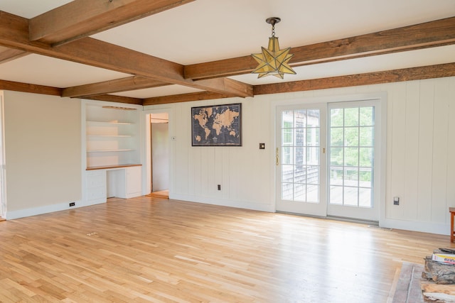 228 Atlantic Ave, Boothbay Harbor, ME 04538 - unfurnished living room featuring light wood-type flooring, beamed ceiling, and built in features