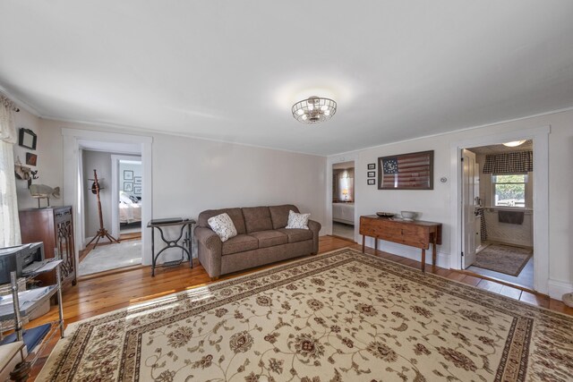 living room with baseboards, a notable chandelier, and wood finished floors