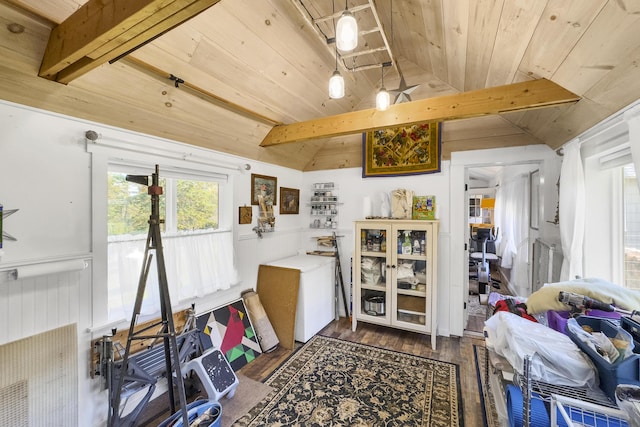 miscellaneous room with wood ceiling, dark wood finished floors, wainscoting, and vaulted ceiling with beams