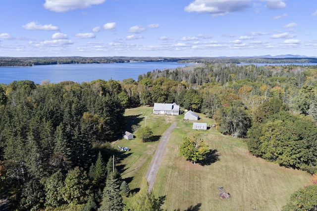 birds eye view of property featuring a forest view and a water view