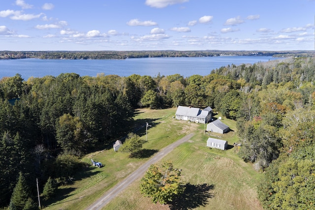 aerial view featuring a view of trees and a water view