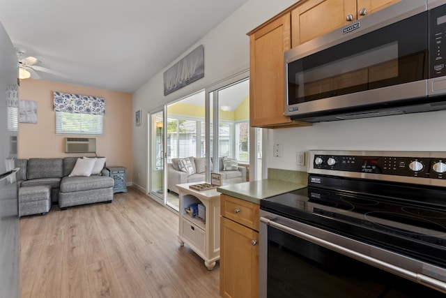 kitchen featuring light wood finished floors, open floor plan, stainless steel appliances, and plenty of natural light