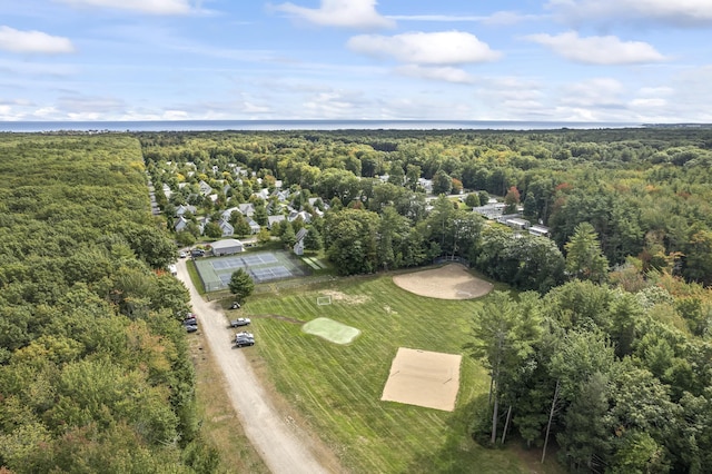 drone / aerial view with a wooded view