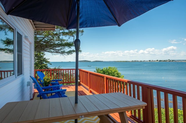 43 W Shore Rd, Harpswell, ME 04003 - wooden deck with outdoor dining space and a water view