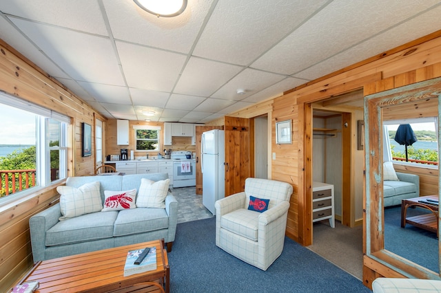 43 W Shore Rd, Harpswell, ME 04003 - living room featuring carpet floors, wood walls, and a paneled ceiling