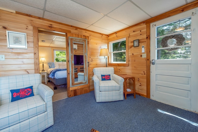43 W Shore Rd, Harpswell, ME 04003 - living area with wooden walls, a wealth of natural light, and carpet flooring