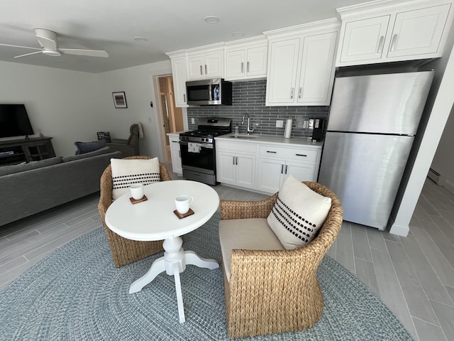 kitchen featuring white cabinetry, ceiling fan, appliances with stainless steel finishes, and a sink