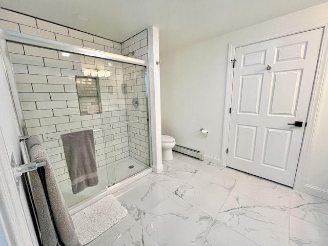 bathroom with baseboards, a baseboard heating unit, and a shower stall