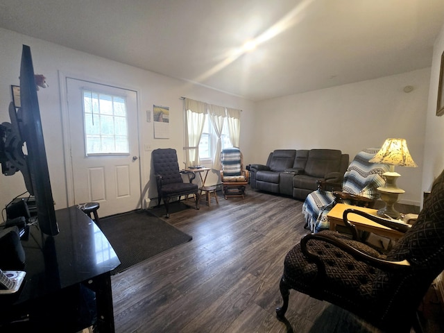 living room featuring dark wood-type flooring