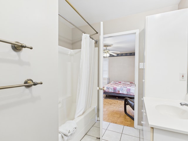 274 19th Ave, Madawaska, ME 04756 - bathroom featuring vanity, ceiling fan, and shower / bathtub combination with curtain