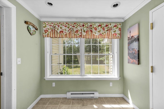 95 The Woods Rd, Union, ME 04862 - unfurnished dining area with a baseboard heating unit, crown molding, and tile patterned floors