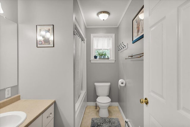95 The Woods Rd, Union, ME 04862 - bathroom featuring vanity, ornamental molding, a baseboard radiator, shower / bathtub combination with curtain, and tile patterned flooring