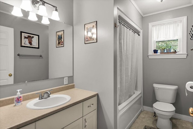 95 The Woods Rd, Union, ME 04862 - full bathroom featuring vanity, ornamental molding, and shower / tub combo with curtain