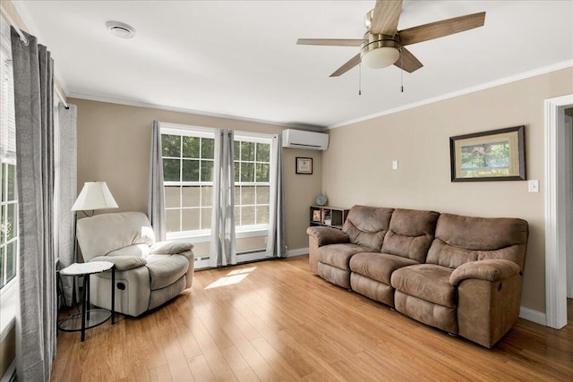 95 The Woods Rd, Union, ME 04862 - living room featuring a wall mounted air conditioner, crown molding, light wood finished floors, a ceiling fan, and a baseboard heating unit
