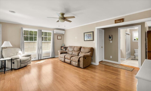 95 The Woods Rd, Union, ME 04862 - living area featuring a wall mounted AC, ceiling fan, light wood-type flooring, and crown molding