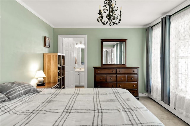 95 The Woods Rd, Union, ME 04862 - bedroom featuring a chandelier, crown molding, and ensuite bathroom