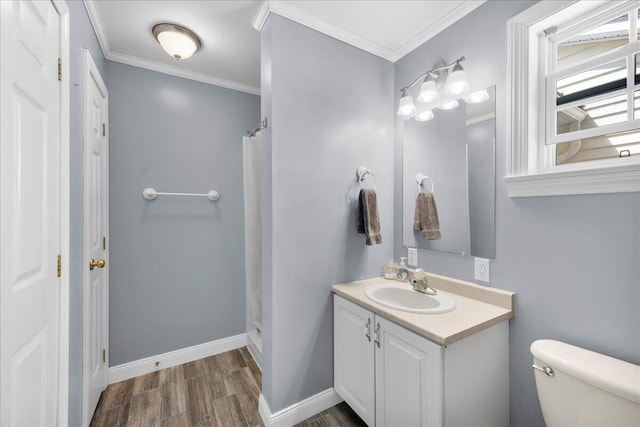 95 The Woods Rd, Union, ME 04862 - bathroom with vanity, wood finished floors, ornamental molding, and curtained shower
