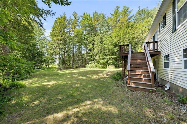 95 The Woods Rd, Union, ME 04862 - view of green lawn featuring stairs and a wooden deck