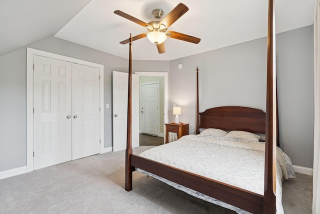1228 Long Plains Rd, Buxton, ME 04093 - carpeted bedroom with a closet, ceiling fan, and lofted ceiling