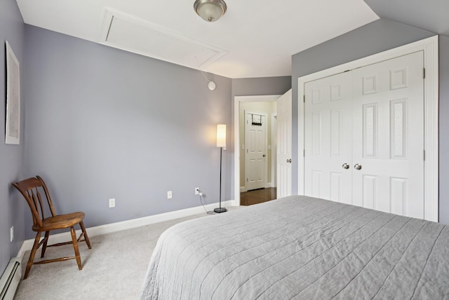 1228 Long Plains Rd, Buxton, ME 04093 - carpeted bedroom featuring attic access, a closet, and a baseboard radiator