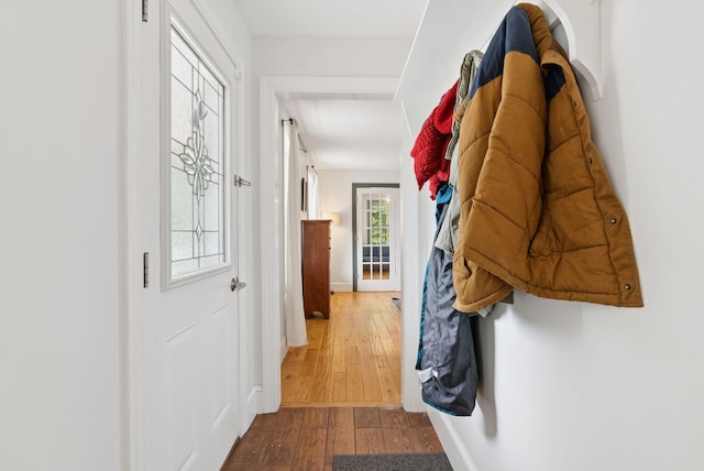 1228 Long Plains Rd, Buxton, ME 04093 - doorway featuring hardwood / wood-style flooring and baseboards