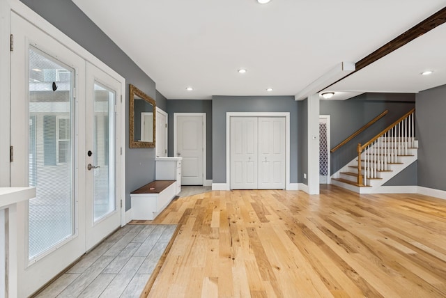 1228 Long Plains Rd, Buxton, ME 04093 - entryway with light wood-style flooring, stairway, and recessed lighting