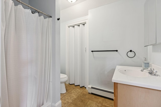 1228 Long Plains Rd, Buxton, ME 04093 - full bath featuring baseboard heating, vanity, a shower with shower curtain, and tile patterned flooring