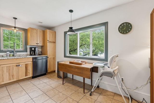 1228 Long Plains Rd, Buxton, ME 04093 - kitchen with dishwasher, light brown cabinets, plenty of natural light, and light tile patterned floors