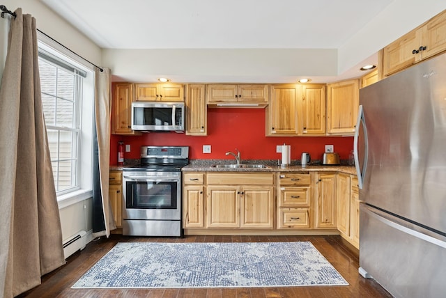 1228 Long Plains Rd, Buxton, ME 04093 - kitchen featuring stainless steel appliances, healthy amount of natural light, dark wood-style floors, a baseboard radiator, and recessed lighting