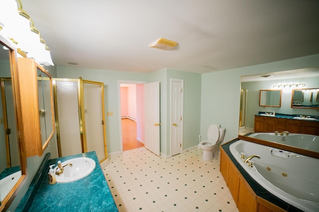 full bath with vanity, baseboards, a jetted tub, tile patterned floors, and a stall shower