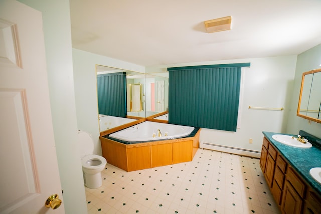 full bathroom featuring double vanity, toilet, a bath, a baseboard heating unit, and a sink